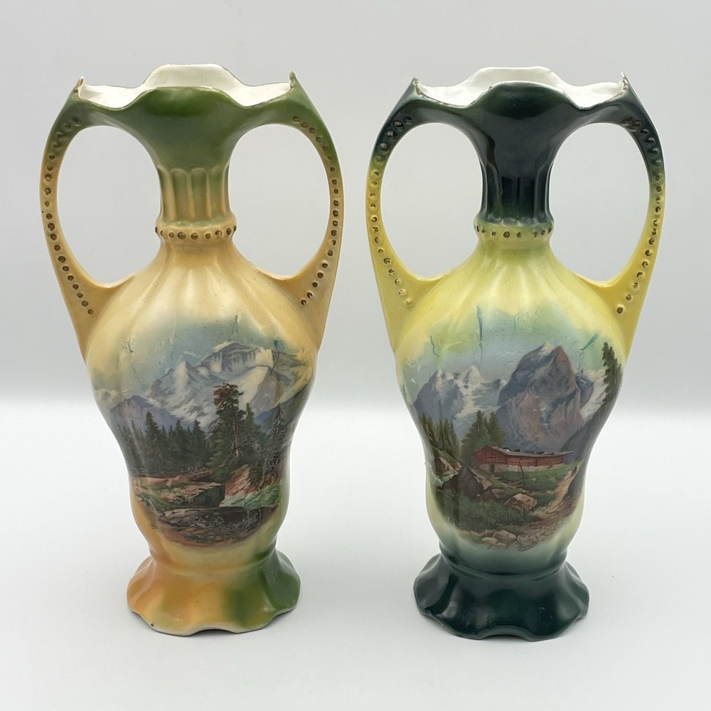 Antique Pair German Porcelain Scenic Mountain Landscape Double Handle Vases 10"